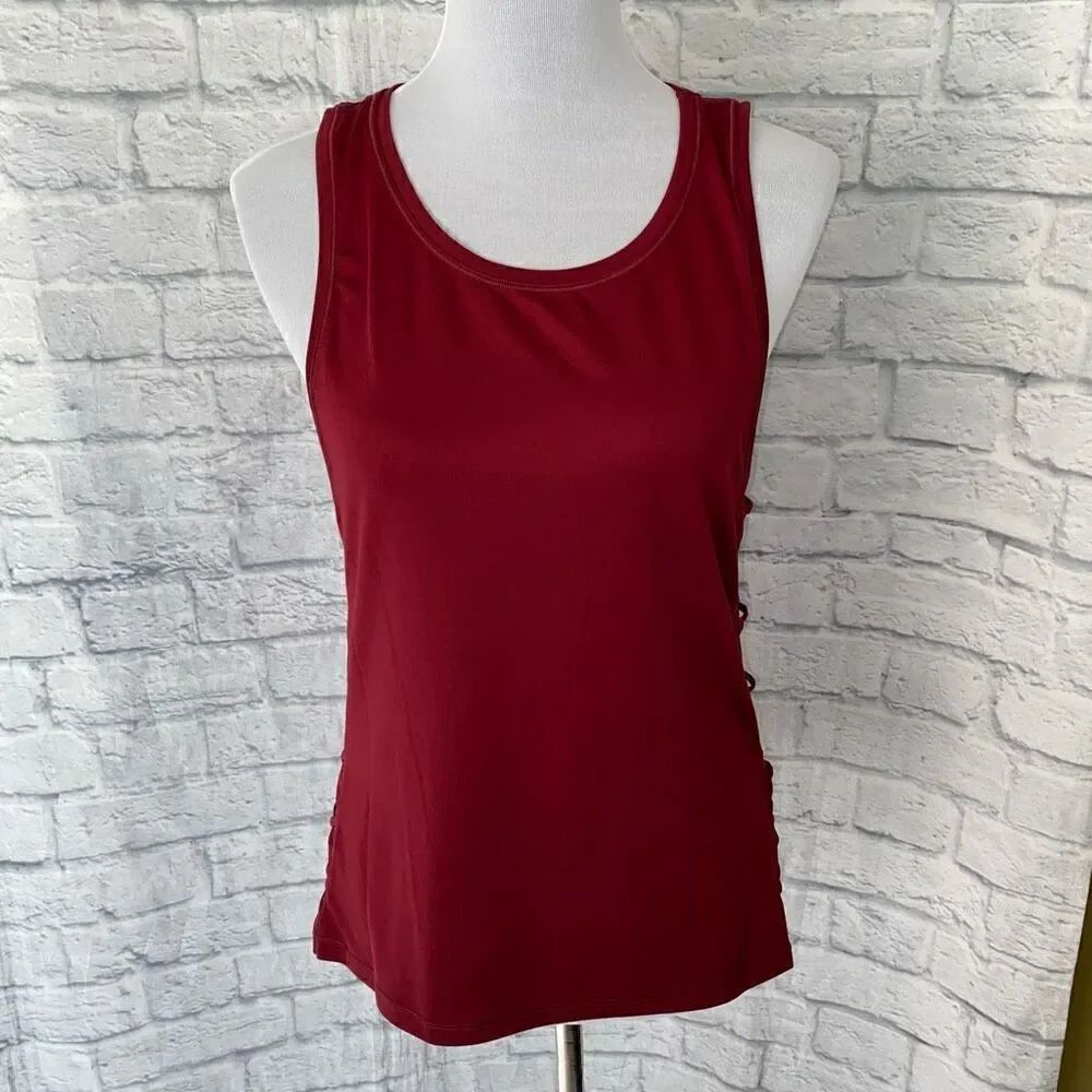 Victoria sport women S scoopneck tank top w/semi sheer criss cross side red